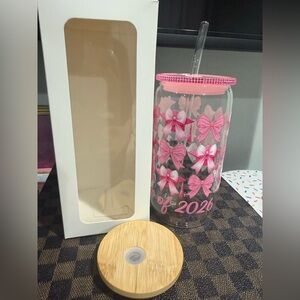 Pink bow Class of 2026' glass Tumbler with Straw 2 lids. Graduation senior gift